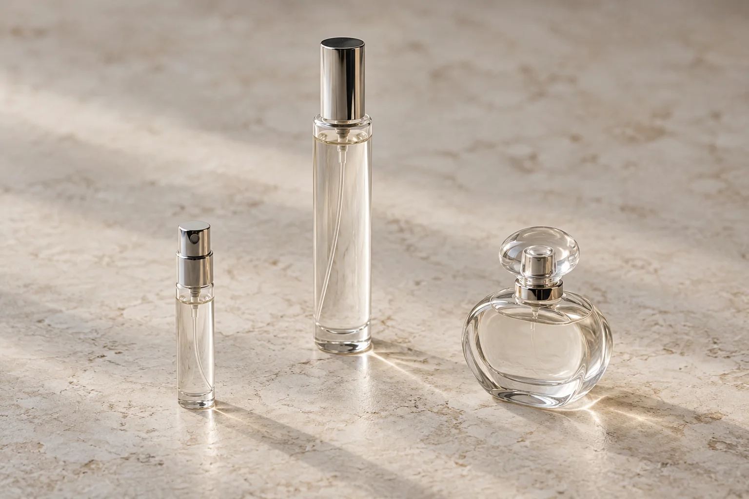 Illustration of three unbranded glass fragrance containers: a sample vial, a slim spray and a small bottle
